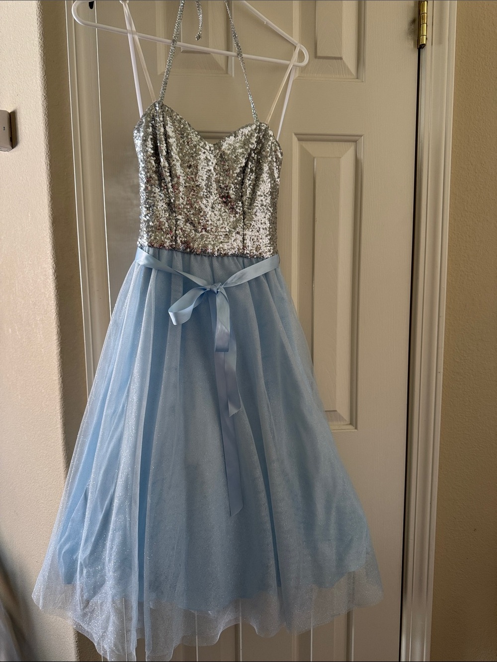 Sparkle Silver Sequin & Light Blue Tulle Kids Dress